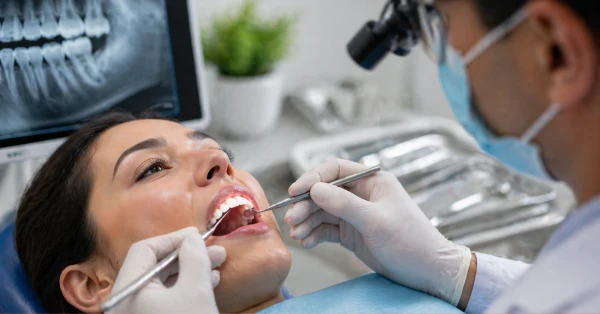 Dentist examining a damaged tooth near the gumline, representing crown lengthening in Yucca Valley for damaged teeth