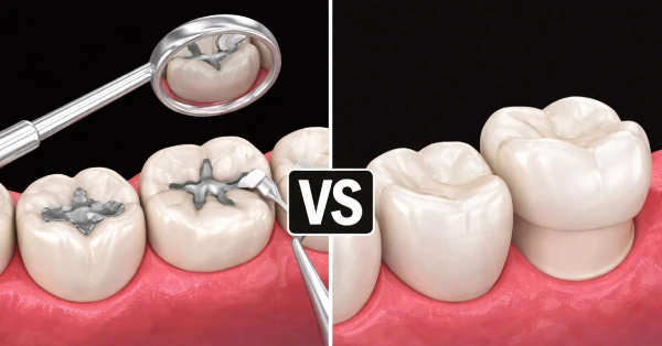Dental fillings in La Quinta vs dental crowns comparison showing a treated molar with filling and a natural-looking crown