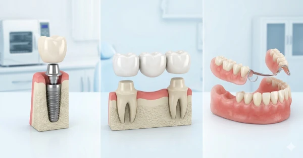Dental implants, bridges, and dentures comparison displayed with 3D models in a clinical setting, illustrating tooth replacement options for patients in Palm Desert