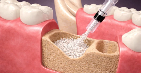 Bone grafting for dental implants in La Quinta showing bone graft material being placed into the jawbone to support future implant placementt