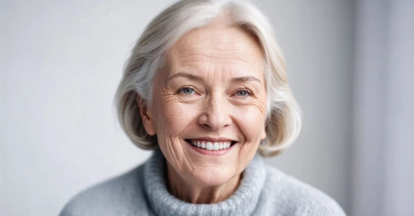 Full mouth reconstruction result showing an older woman with a natural, confident smile, even teeth, and healthy-looking gums after comprehensive dental treatment