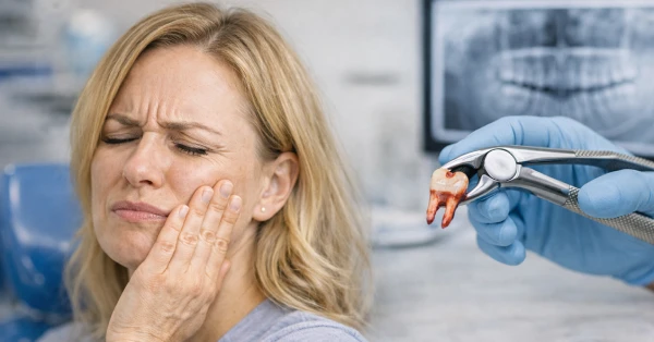 Patient experiencing severe tooth pain alongside a close-up of a dentist holding an extracted tooth, illustrating tooth extraction in Palm Desert