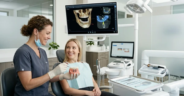 Dentist explaining treatment using a dental model and digital 3D scan to a smiling patient during a consultation for advanced dental implant treatment in a modern clinic.